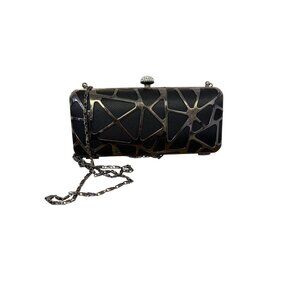 Olga Berg Black Geometric Metal Clutch With Chain Strap